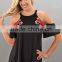 96% Rayon 4% Spandex high neckline loose flowy fit cold shoulder sleeves sweet tops with front embroidered flowers