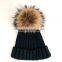 Myfur Navy High Quality Cheap Wool Knit Cap and Hat with Real Raccoon Fur Pompom