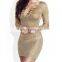 2017 New In Gold Metalic Lace Up V NECK Sexy Women Fashion Dress Long sleeves Midi Dress