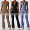 Quick Dry Sexy Large V-shaped Neckline Workout Bodysuit Gym Fitness Jumpsuits Sleeveless One Piece Yoga Jumpsuit For Women