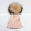 Child genuine fur bobble beanies winter raccoon real fur ball knit hat