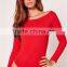 Red Opening Soulder Raglan Sleeve Bodysuit Cotton Blends Long Sleeve Sexy Plain Sweater