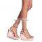 Women rose gold nappa wedge heel with studded detail, ankle strap & rope trim ankle double strap sandals shoes