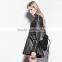 PQ-141 excellent black women straps hollow out neck ruffle hem fitted leather dress