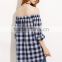 Blouses latest fashion design women clothing Gingham Button Pocket Off The Shoulder Blouse