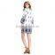 Summer Bohemian V-Neck Bell Flare Sleeve Mini Chiffon Dress Cut Out Print Crochet Trim Peasant Dress With Hollow Out Design