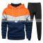 Custom logo mens panels stitching sweatpants and hoodie sweatsuit set