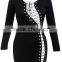 Women Sexy Lace Up Mini Dress Evening Long Sleeve Short Club Bodycon Dresses