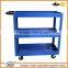 Factory blue three layers metal steel trolley with wheels