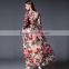 Fashion 2016 Woman Chiffon Long Dress Rose Printing Female Elegant Long Sleeve Casual Beach Dress