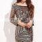 Fashion Luxury Mini Dress Contrast Mesh Long Sleeve Bodycon Dress Open Back Gold Beaded Sequins Club Dresses