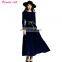 Retro Vintage Dark Blue Velvet Dress Women Long Sleeve Collar Dresses