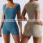 Gym Fitness Sexy One Piece Square Neck Built In Bra Short Sleeve Shorts Yoga Dance Jumpsuit Women Workout Training Sports Wear