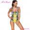 2017 Plus Size Power Flower Printed Yellow One Piece Swimwear Lady Summer Bikini