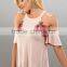 96% Rayon 4% Spandex high neckline loose flowy fit cold shoulder sleeves sweet tops with front embroidered flowers