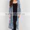 New Fashion 100% Polyester Blue Floral Button Up Bell Sleeve Trendy Designs Chiffon Semi Sheer Sexy Ankle Long Dusty Cardigan