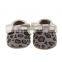 Leopard pattern printed leather baby moccains, printed leather baby moccains