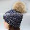 Hot sale acrylic winter knitted beanie real raccoon fur pom pom hats