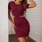 Sexy hollow short-sleeved knitted dress new slim solid color package hip skirt