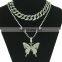 Hot Selling Double Layer Diamond Butterfly Pendant Necklace Zircon Cuban Link Chain Butterfly Necklace