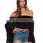 Women Fashion Black Big Loose Sleeve Bare Shoulder Chiffon Blouse