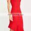 High Fashion Asymmetric Frill Hem Midi Dress in Red Color