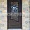 in stock villa metal frame flat top design safety tempered glass single swing wrought iron  entry door with opening window