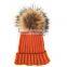 Myfur Orange Warm Ribbed Knit Hat with Natural Raccoon Fur Ball Top