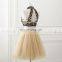 New Fashion High Neck Open Back Two-Piece Champagne Tulle Beaded Short Cocktail Dress Cocktail Dresses LX339