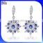 Custom Snow Flake Snowflake Drop Earring, Blue and Clear Round Cubic Zirconia Dangle Synthetic Earrings Silver