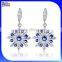 Custom Snow Flake Snowflake Drop Earring, Blue and Clear Round Cubic Zirconia Dangle Synthetic Earrings Silver