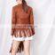 TWOTWINSTYLE Casual Brown Jacket For Women V Neck Long Sleeve Button Tassel Large Size Coat