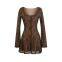 French-style Retro Hollow Lace Long-sleeve Dress for Women, Sweet and Slightly Sexy, Waist-cinching Short Skirt With U-neck, Button-down A-line Dress