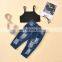 New children's clothing solid color sling striped top + European and American wind hole open bag jeans kids suit