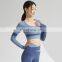 Contrast Color Splicing Sports Crop Tops Custom Women Causal Long Sleeved Yoga Bras 78nylon 22spandex