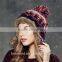 Promotion knitted women custom patch winter beanies hat with pom poms