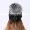 QD80618 Free Size Women Striped Natural Mink fur with Silver Fox Fur Pom Hats