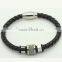 Black enamel stainless steel lock fashion mens leather bracelet with beads