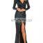 Fashion V-neck & Front Seam Slit Green Sequin Beaded Evening Dress With Long Sleeve