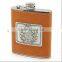 leather wrapped hip flask with color print logo