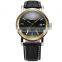 Golden Steel Case Black Dial Reloje Date Display Quartz Analog Leather Band Men Watch