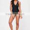 Women's Deep V Front Swimsuit Print Logo On Left Chest Black One Piece Swimwear 80% Nylon and 20% Elastane