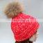 Newest style knitted women hats with real raccoon fur pom pom