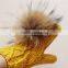 Ladies Acrylic Jacquard Knitted Glove With Real Raccoon Fur Pompoms Pearl Decorated