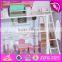 New design 13 pieces of furniture 3 floor pretend play pink wooden cottage dollhouse for children W06A230