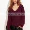 Custom V Neck Cold Shoulder Burgundy Sweater Cotton polyester Blends Drop Shoulder Sweatshirt