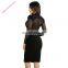 Black V-Neck Patchwork Sheer Pinstripe Full Sleeve Mesh Midi Bodycon Dresses