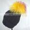 Myfur Black Color Unisex Winter Woolen Beanie with Fur Pompom Top