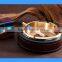 DCA009115G Golden color stainless steel table ashtray with leather wrapped, round metal ashtray with leather
