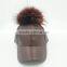 Fashion Black raccoon fur pom poms snapback caps New design fur ball sport hats PU leather baseball caps